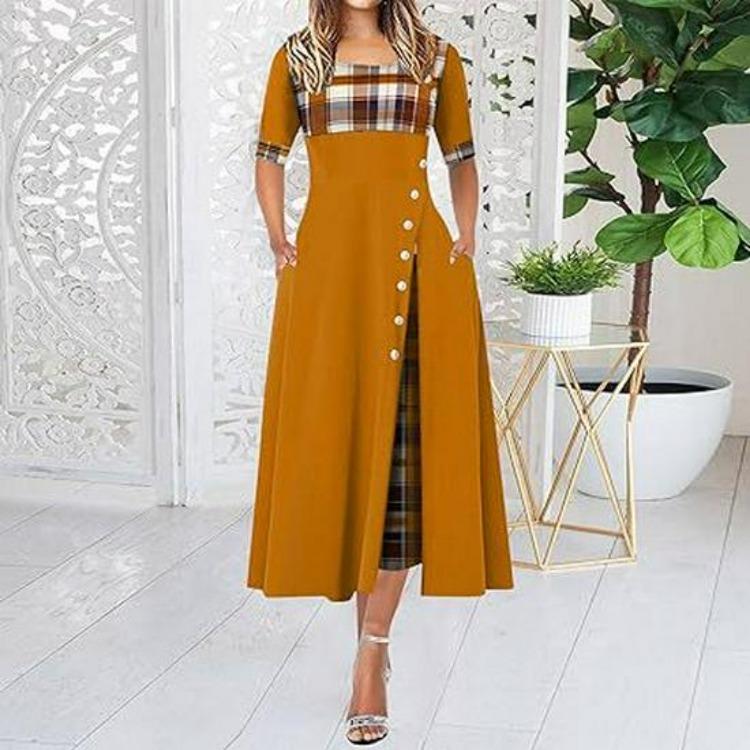 Fashion Women Long Dress Round Neck Contrast Color Cross Border Style