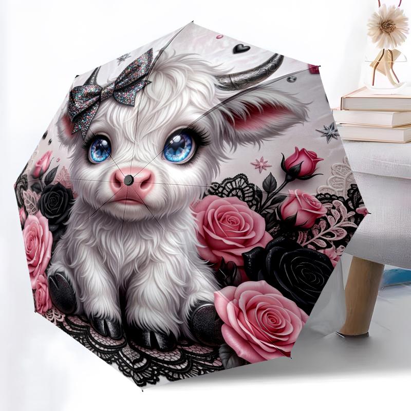 1pc Sturdy 8-Bone Auto Umbrella, Cow and Pink Flower Umbrella, Digital Printed, Foldable Umbrella for On-the-Go Outdoor Use