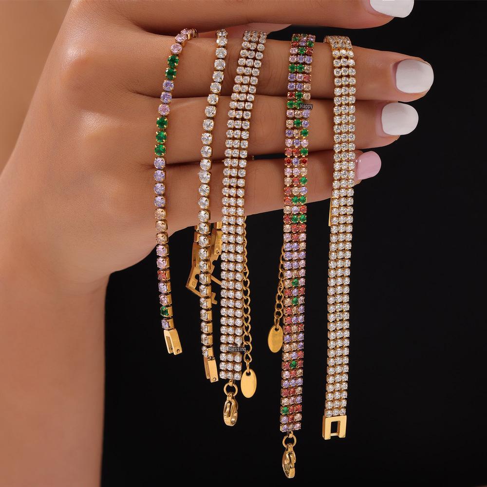 Women's Luxury Zircon Claw-Set Bracelet: European & American Style, Gold-Plated Titanium Steel, Colorful Diamond-Inspired Design