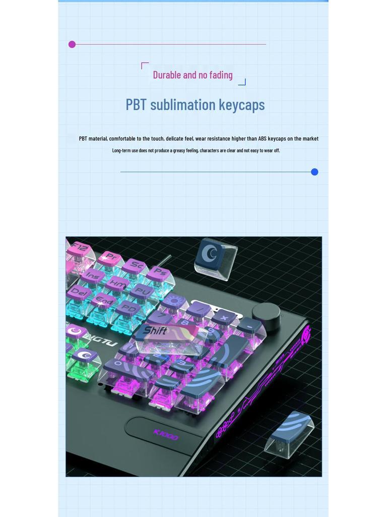 Langtu K1000 Mechanical Keyboard - Blue, Black, Brown, Red, Silver Switches, Esports Gaming for Girls, Office Wired, Custom Transparent Design
