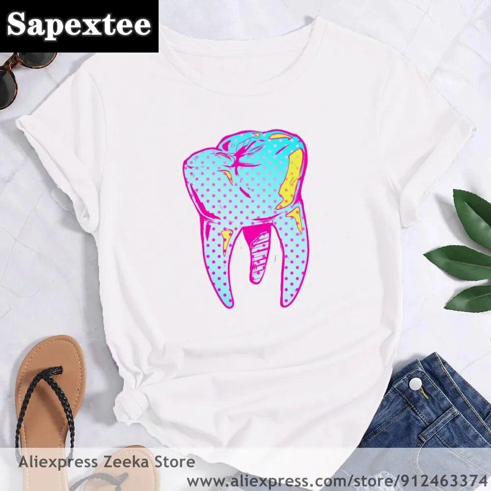 Zahn und Zahnarzt Grafik Ästhetik Frauen Lustige Print Damen T-shirt Mädchen Y2K Harajuku Basis O-kragen Weißes Hemd Kurze