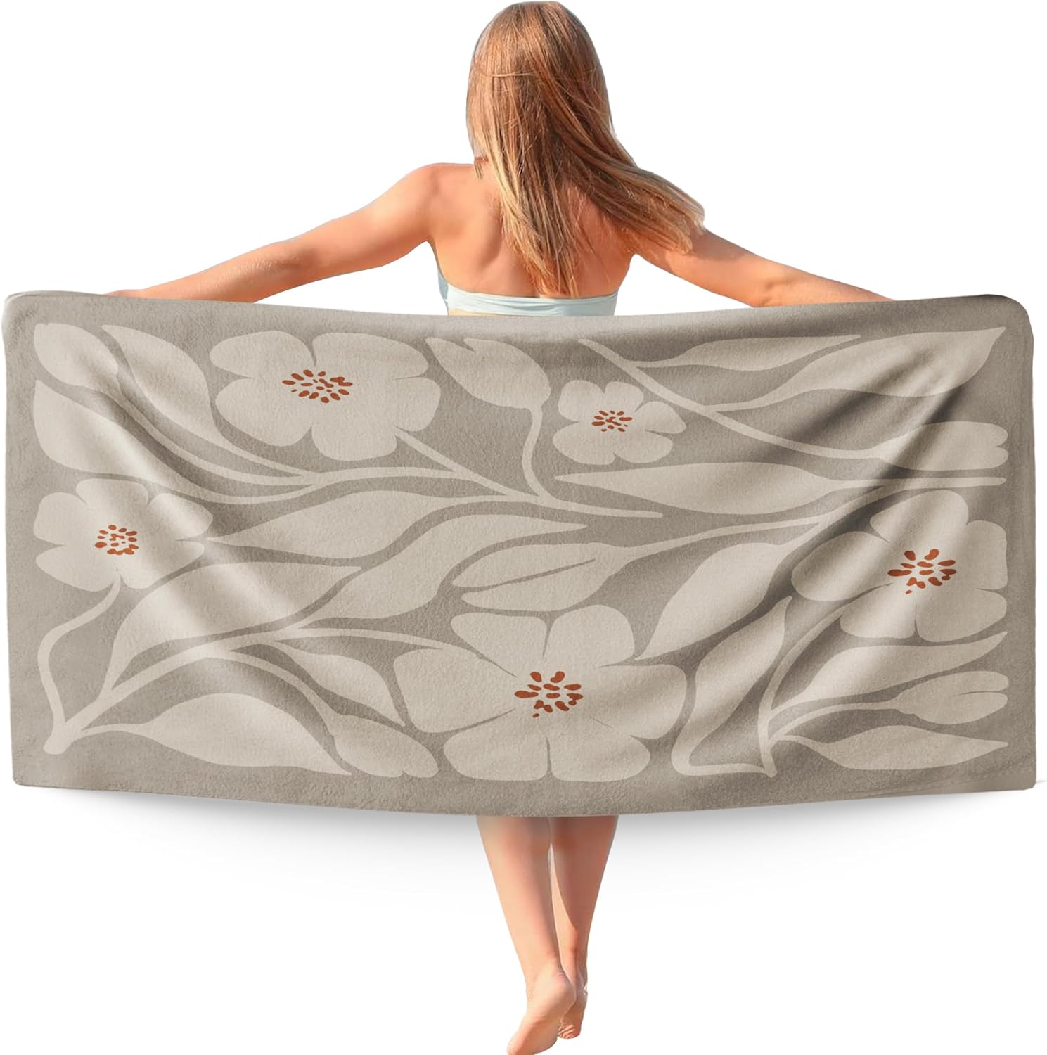 

Boho Floral Flowers Beach Towel, Boho Botanical Beach Towels Oversized Gifts for Women, Abstract Groovy Beige Flower Quick Dry W30*H60(CM)