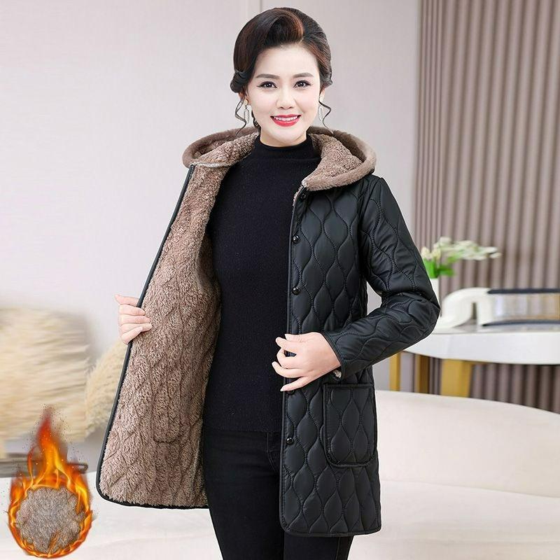 Mother's Mid-length Padded Jacket Winter Western Style Plus Velvet Thick Hooded Padded Jacket Fashion Middle-aged Jacket Padded Jacket