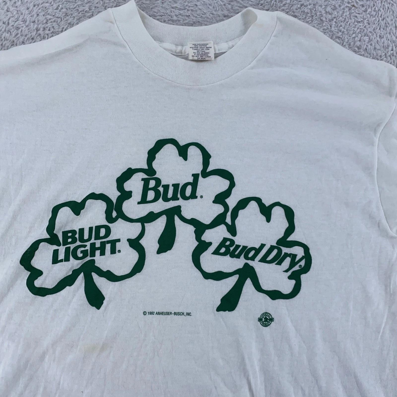 Vintage Budweiser Shirt Medium White Bud Light Bud Dry Shamrock Beer Promo 90s XL