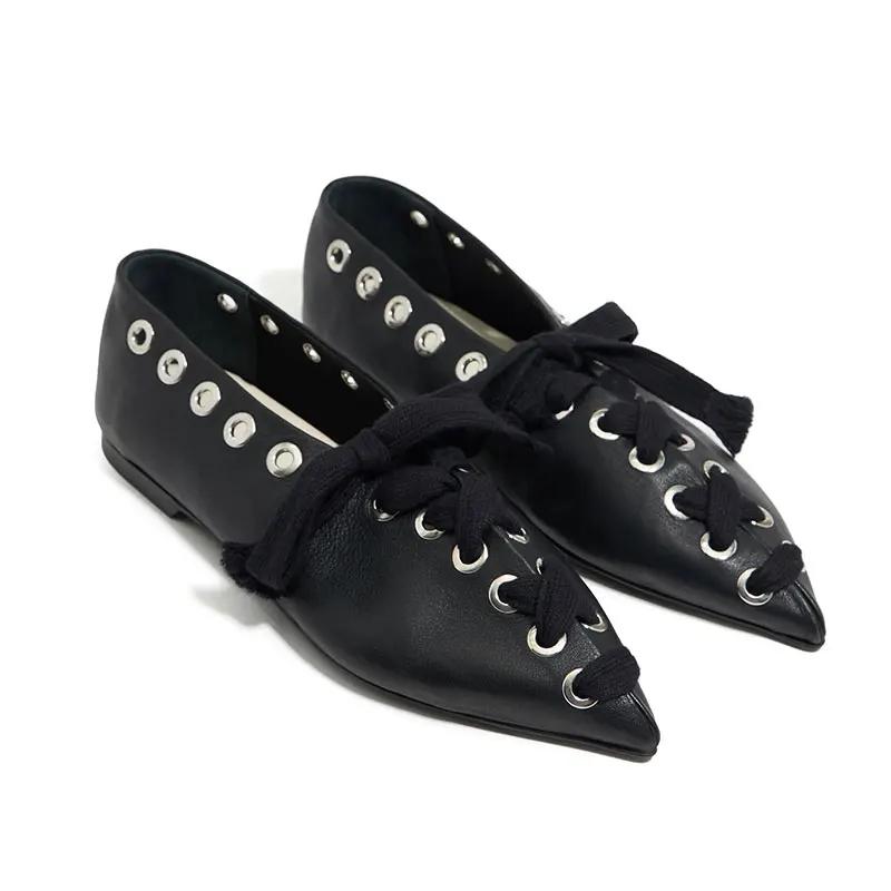 

2025 Остроносые Туфли на Плоской Подошве Одинарные Туфли Панк Стиль Новая Модная Женская Обувь Ручной Работы Обувь Двурядная Петлица 34 чёрный