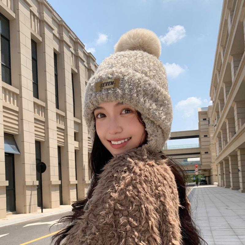 Autumn and Winter Plush Hat Women's Plush Warm Ear Protection Knitted Wool Hat Shows the Face Small Versatile Pullover