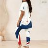 Women Plus Size White Red Blue Printed Round Neck Short Sleeve Longline Top Fitted Pants Two Piece Set
