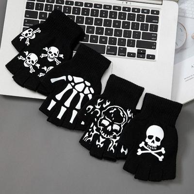 1 para Nowe Dziecięce Halloween Szkielet Czaszka Półpalcowe Świecące Punkowe Rękawiczki Zimowe Czaszka Bezpalcowe Czarne Mitanki