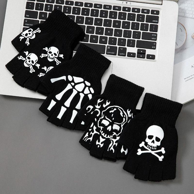 1 Pair New Kids Halloween Skeleton Skull Half Finger Luminous Punk Gloves Winter Skull Fingerless Black Mitten