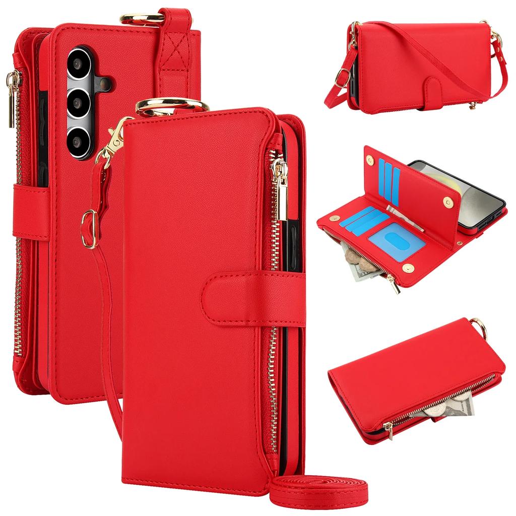 Ring Lanyard Zipper Leather Wallet Case for Samsung Galaxy A55 A15 A54 A14 A53 S25 Ultra Edge S26 S22 S23 S24 Fe Plus A16 Cover