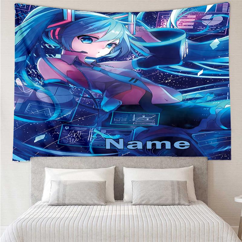 Custom Name Hatsune Miku Print Tapestry, Backdrop, Easy Setup, Ideal for Bedroom, Office & Living Room, with Aesthetic Wall Hanging Decor.