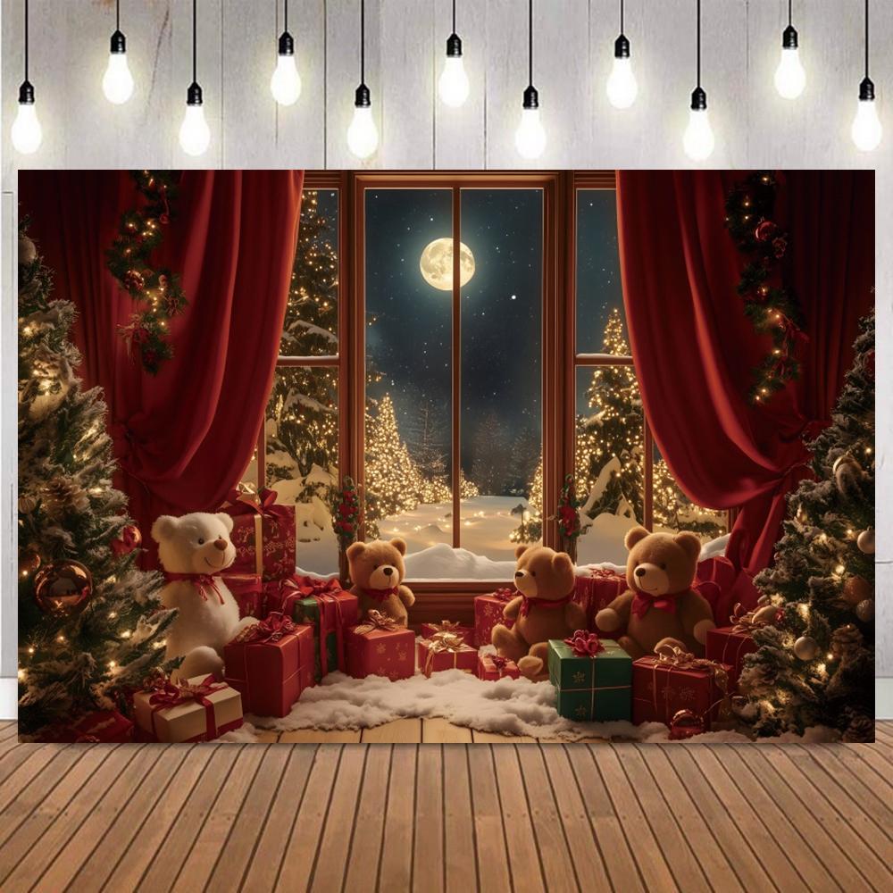 Christmas Photo Backdrop Santa Claus Gifts Xmas Tree Snowflake Full Moon Teddy Bear Photography Backgrounds Photoshoot Supplies4