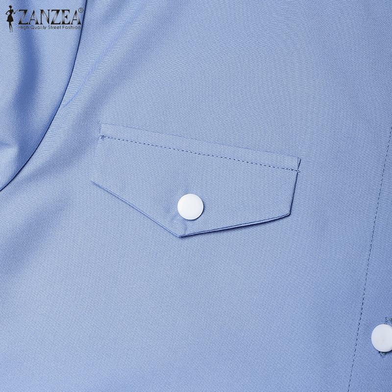 ZANZEA Women Casual Round Neck Loose Long Sleeve Pleated Long Dress