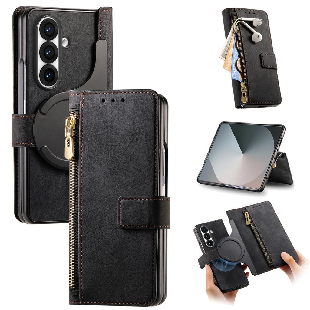 2 In 1 Magnetic Zipper Cards Solt Wallet Leather Phone Case for Samsung Galaxy Z Fold 8 Ultra 7 6 5 4 3 Wireless Charging Cover