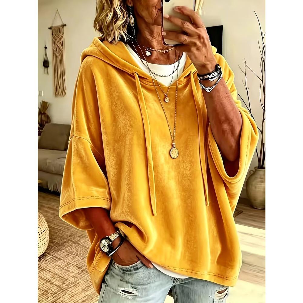 Damska gładka welurowa bluza z kapturem i rękawem 3/4, casualowy top hoodie na jesień zimę