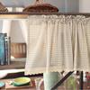 Nordic Style Light Brown Linen Cotton Checkered Half Curtain for Cabinets
