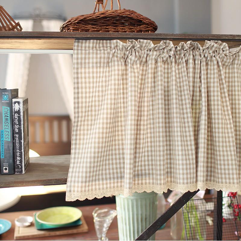 Nordic Style Light Brown Linen Cotton Checkered Half Curtain for Cabinets