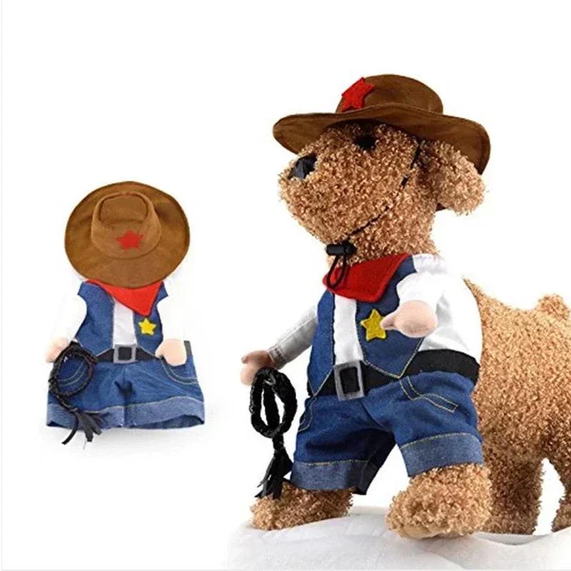 "Adorable Cowboy Outfit for Dogs & Cats - Fun Halloween Hoodie Jumpsuit with Jeans Design"