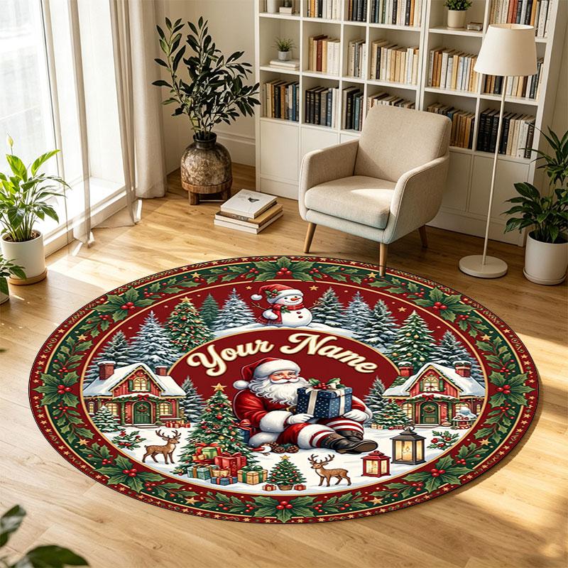 Christmas (108) Theme Circular Crystal Velvet Carpet Customized Name & Text Round Soft Floor Rug For Living Room Bedroom Decor