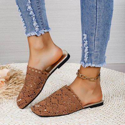 2024 Women's Hollow Lace Knit Sandals: Solid Color Flat One-Strap Slippers with Rubber Toe Cap