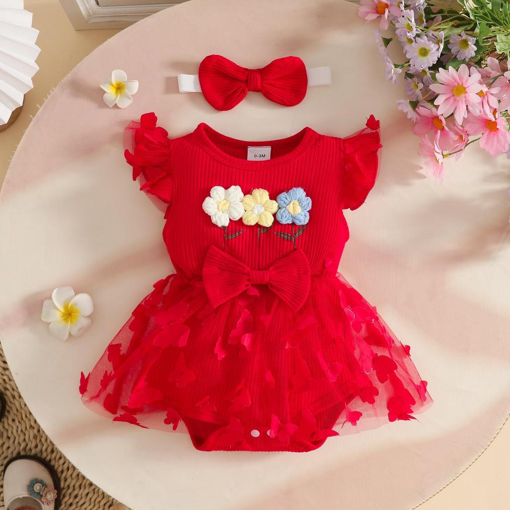 2026 Sommer Florales Baby-Kleid mit Puffärmeln & Geripptes Body-Set mit Haarreif & Schmetterlingsrock