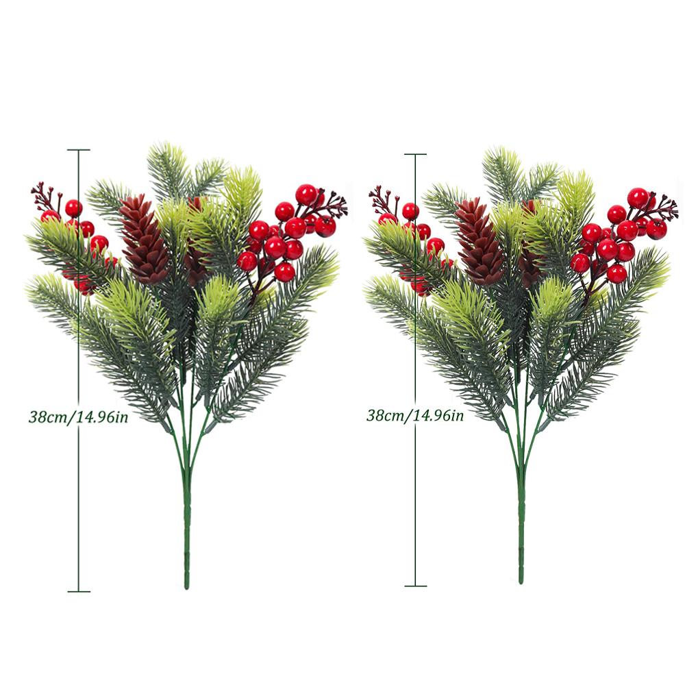 2PCS Plastic Holly Berry Pine Needles Branches with Pine Cones Artificial Flowers for Christmas Holiday Winter Table Decorations