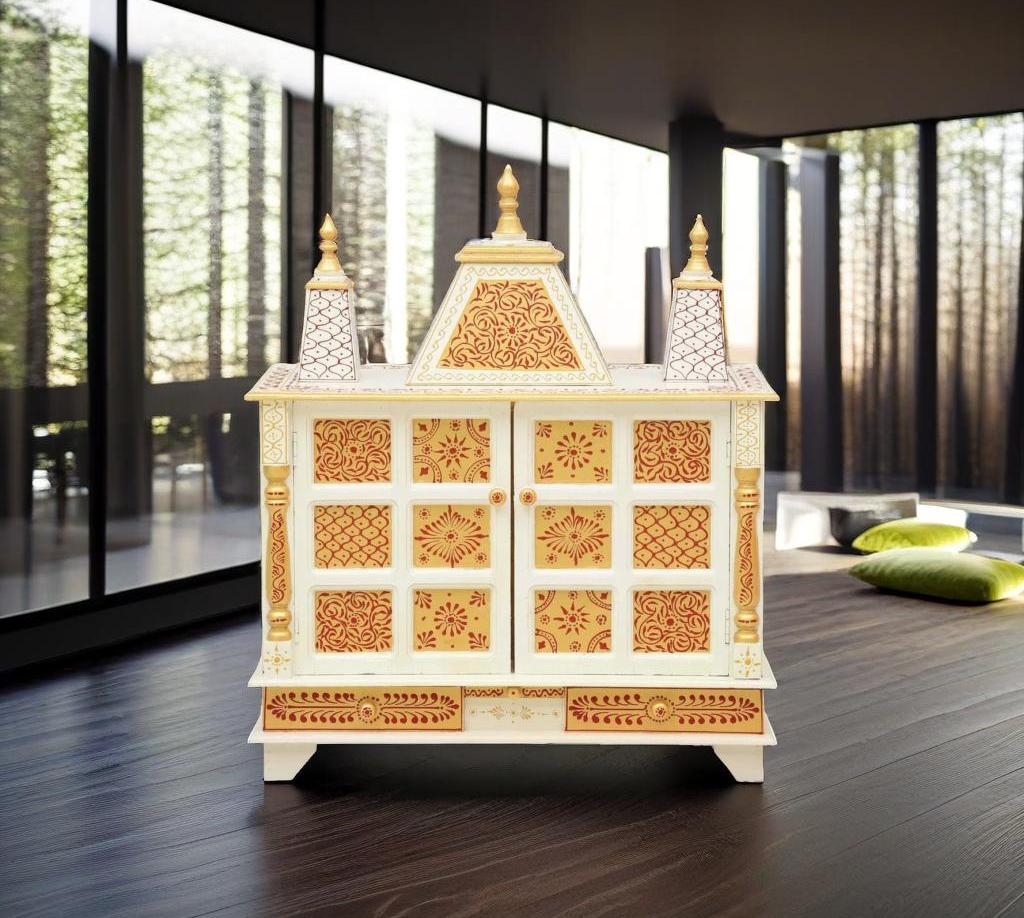 

Handmade White & Gold Pooja Mandir: Traditional Wooden Hindu Temple разноцветный