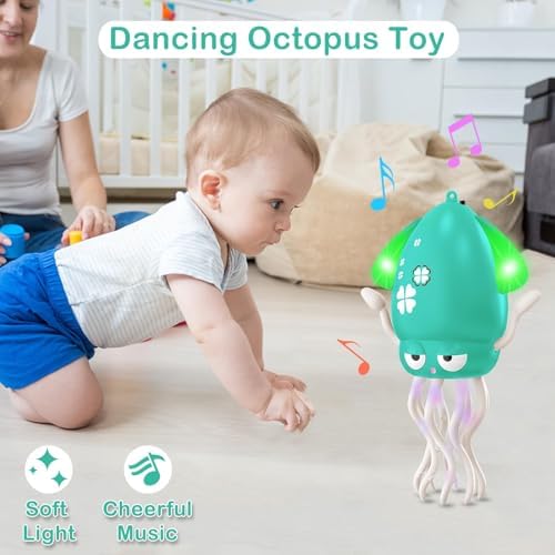 Dancing Octopus Crawling Toy with LED Lights & Music, Baby Tummy Time Crawl Toy, Christmas Birthday Gift for 1 2 3 Year Old Girls Boys