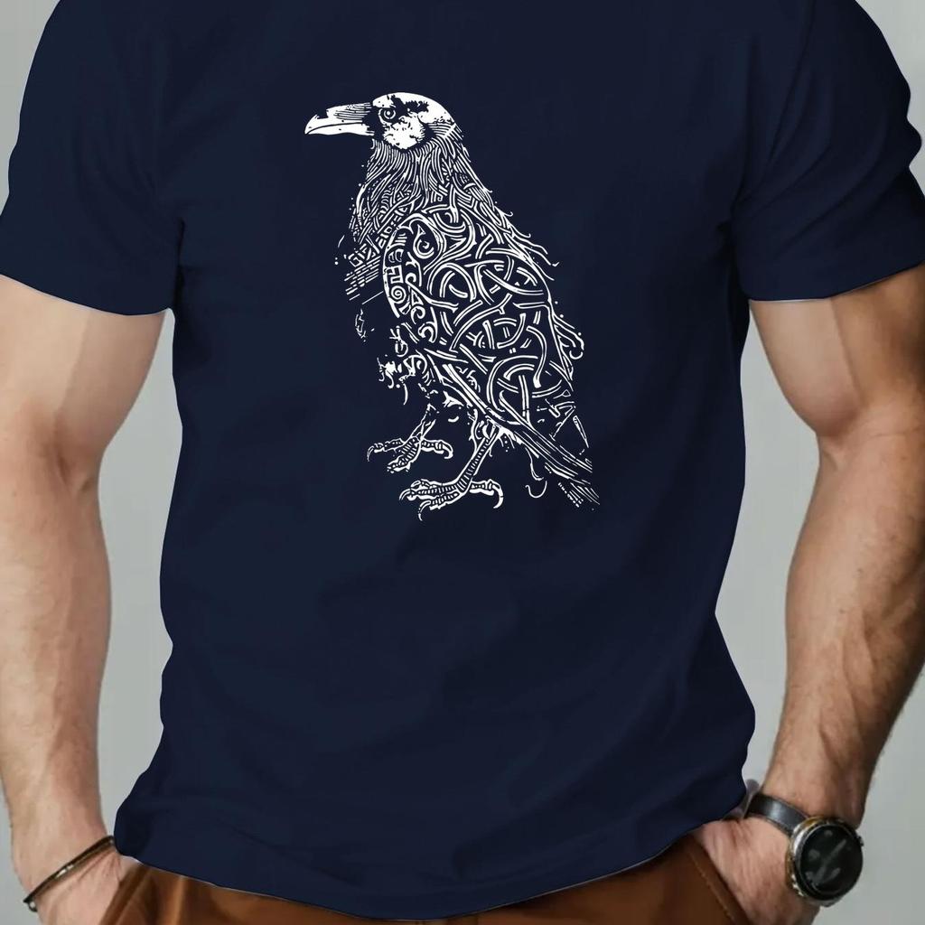 Men Raven Graphic Cotton TShirt Casual Crew Neck Short Sleeve Summer Tee with Intricate Crow Design Casual Attire