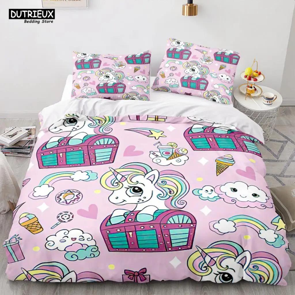 Cartoon Regenbogen Einhorn Bettwäscheset Einhorn Sets Einzel Doppel Queen Twin Full Größe Bettbezug Kind Mädchen Kind Weicher Bettbezug