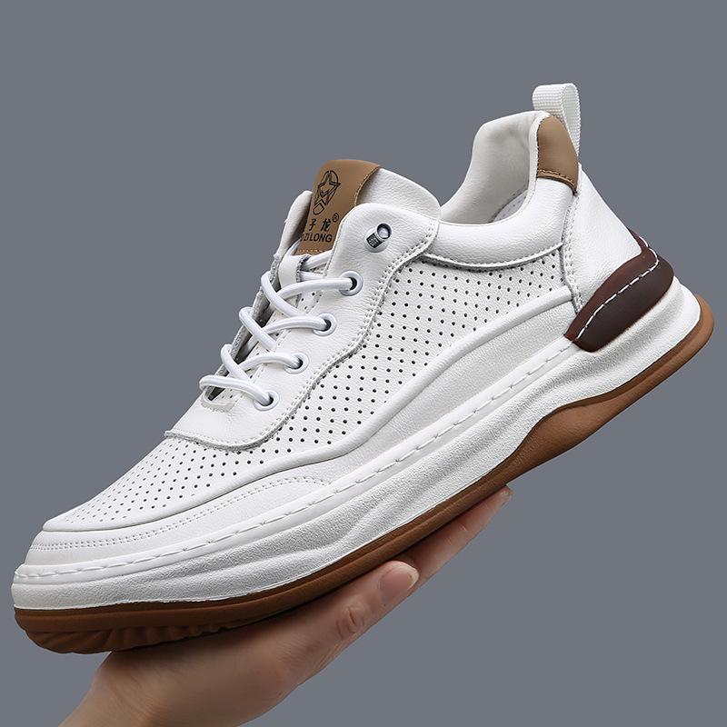 Men's Genuine Leather Crooked Head White Sneakers - Spring, Versatile, Thick Sole, Breathable, Hollow Casual Board Shoes