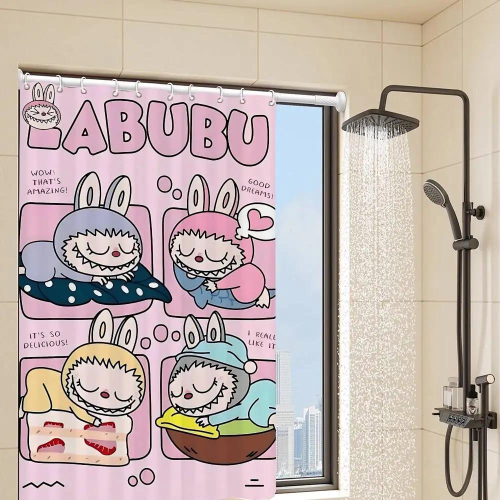 Cute L-labubu Cartoon Shower Curtain Bath Curtain Print Polyester Fabric Waterproof Bathroom Curtains With Hooks Bath Screen