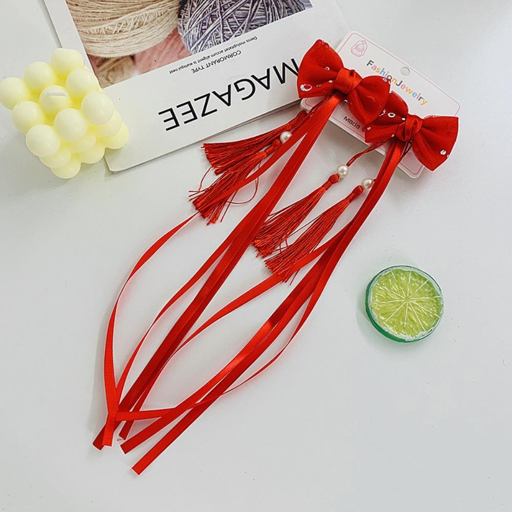 2pcs Hanfu Headdress Children Wig Hairpin Chinese Style Red Bow Hairclip New Year Headwear