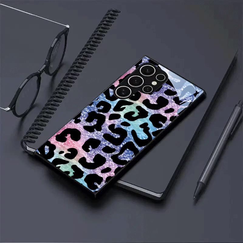 Leopard Print Gradient Tempered Glass Phone Case Suitable for Samsung Galaxy S26 S25 S24 S22 S21 S20 FE/Ultra/Plus Anti Drop
