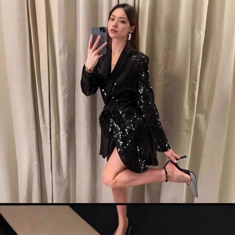 2025 New Independent Station Women's Fashion Sexy Waist Multi-color Sequin Suit Collar Lace-Up Dress