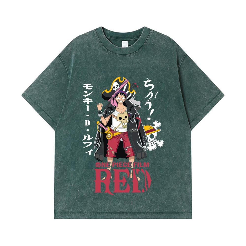 275 GSM Washed T-shirts 100% Cotton One Piece V79 Luffy Film Red Print Unisex Heavy Cotton T Shirt