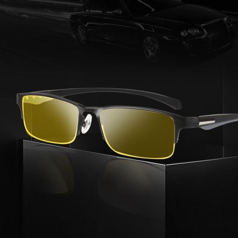 Men Half Frame Night Vision Photochromic Myopia Glasses Day and Night Anti-blue Light Eyewear Business Yellow Lenses Glasses