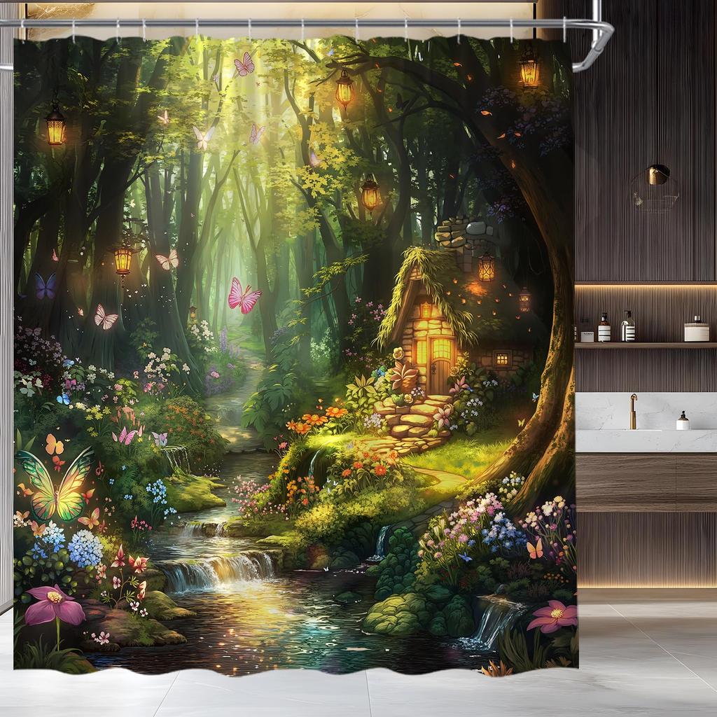 Fantasy Forest Shower Curtain Fairy Magical Enchanted Forest Waterfall Butterfly Garden Wonderland Nature Fabric Bathroom Decor