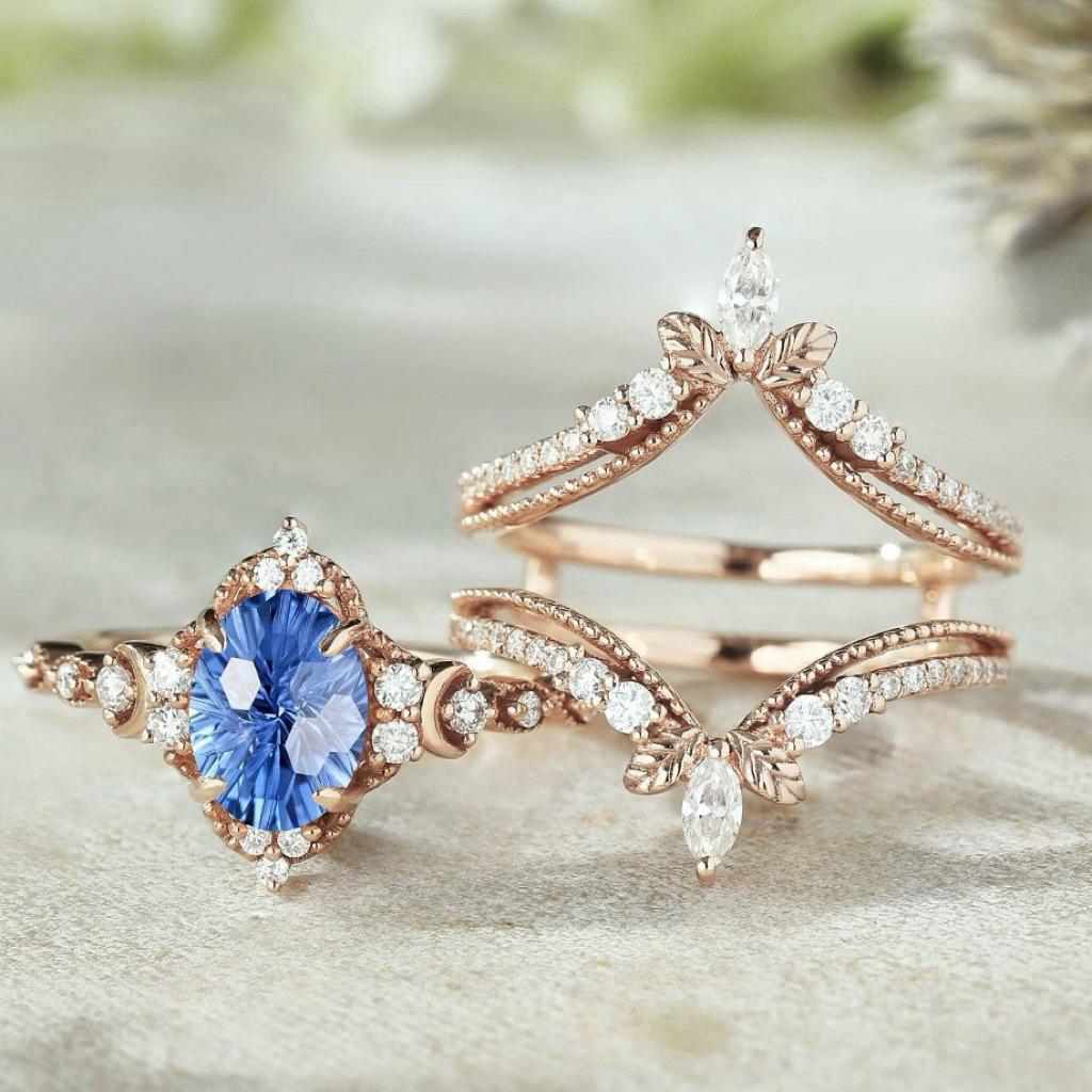 Luxury European and American Flower Pair Ring, Blue Zircon Crown Ring, Female Ring.