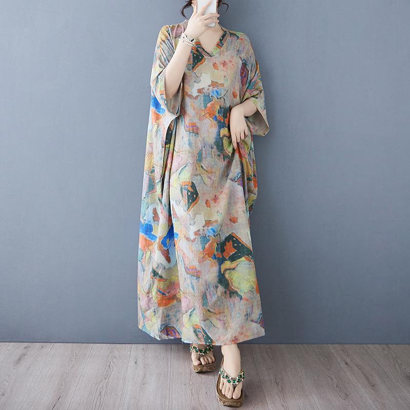Summer Casual Artistic Plus Size Loose Print V-neck Short Sleeved Dress