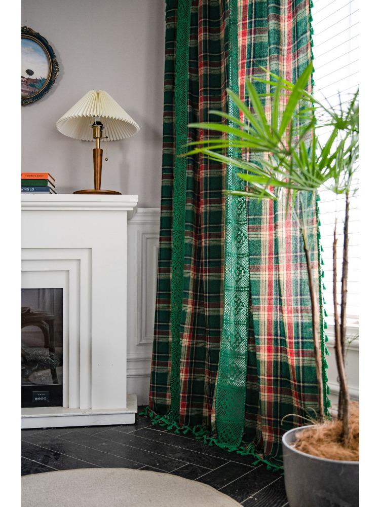 Green Lattice Splicing Dyed American Curtains Bay Window Curtains Semi-blackout for Living Room Bedroom Bay Window Dining Room or Kitchen Bar