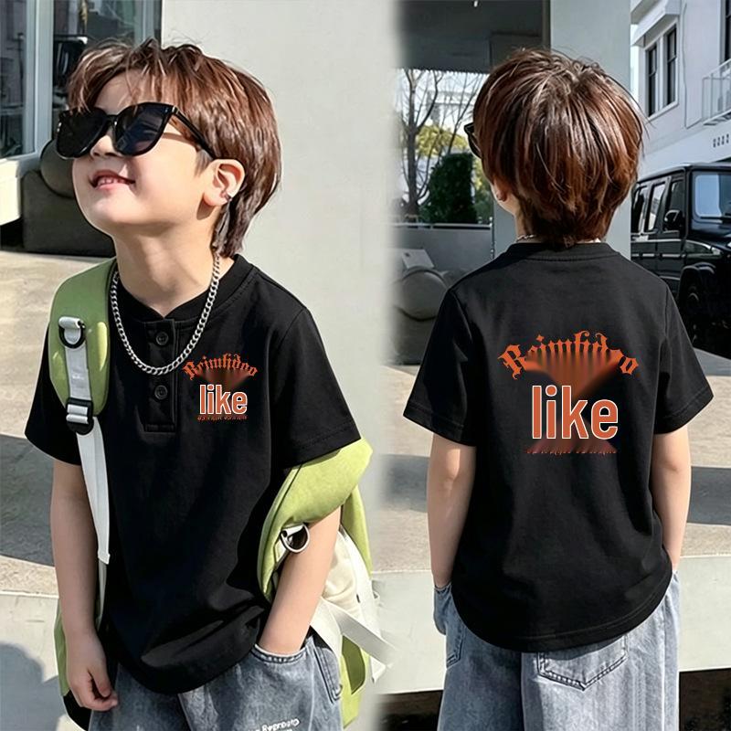 Korean Style Boys' Short-Sleeve Henley Collar T-Shirt, Loose Pure Cotton, Summer New Arrival Trendy Base Layer for Middle and Older Children