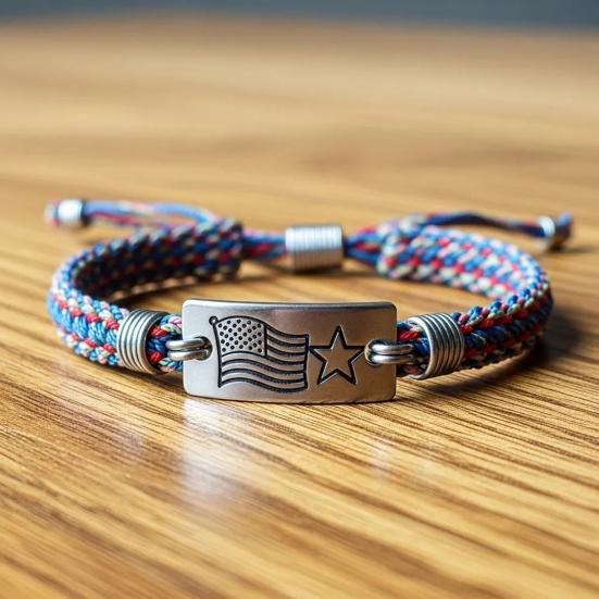 Patriotic American Flag Bracelet Engraved Metal Centerpiece Adjustable Knot Design Wristband Patriotic Accessory