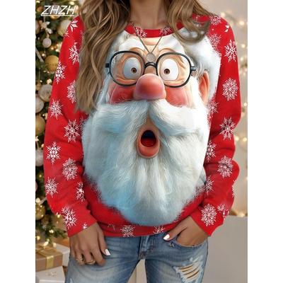Dames Kerstman Print Sweatshirts, Lange Mouw Ronde Hals Pullover, Feestelijke Street Style, Lente Herfst Vakantie Mode