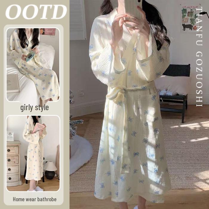High-Quality Imitation Cotton Bow Pajama Nightgown - Cute, Loose, Long Sleeve Bathrobe for Women
