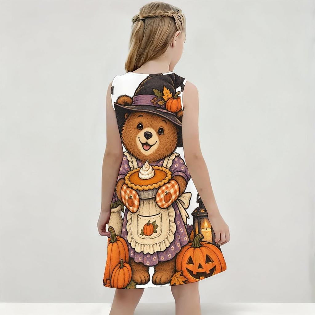 Little Girls Round Neck Sleeveless Printed A Line Flared Hem Dress Cute Bear Pumpkin Pattern