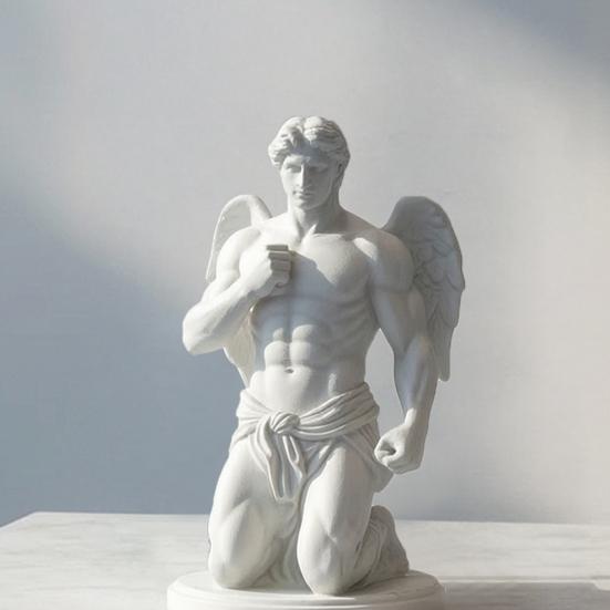 3D Printed Winged Angel Statue, Kneeling Greek Myth Sculpture with Muscle, Matte White Art Ornament for Home Office Decor, Collectible