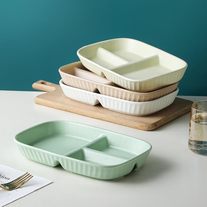 Nordic Ceramic Binaural Rectangular Grid Plate Rice Plate Creative Home Breakfast Plate Baked Rice Plate Fat Reduction Quantitative Meal