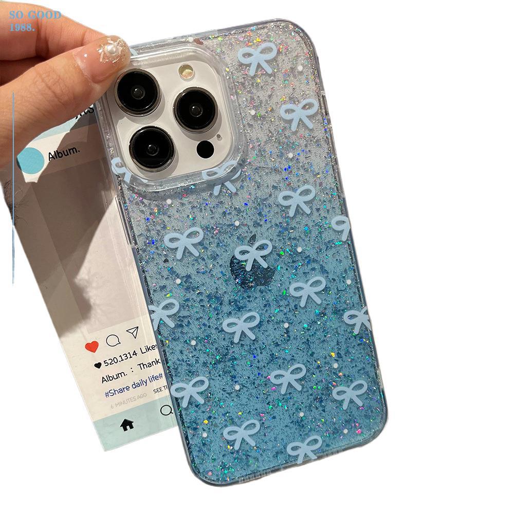 Blue Bow Dripping Glitter Powder Mobile Phone Case Suitable for Iphone16promax Anti-fall Women's Apple 15 Protective Case