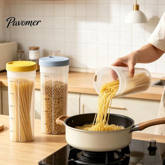 Moisture Proof Food Jar Airtight Spaghetti Storage Container, Clear PP Rotate Open Noodle Organizer, Kitchen Pantry Preservation Bin for Dry